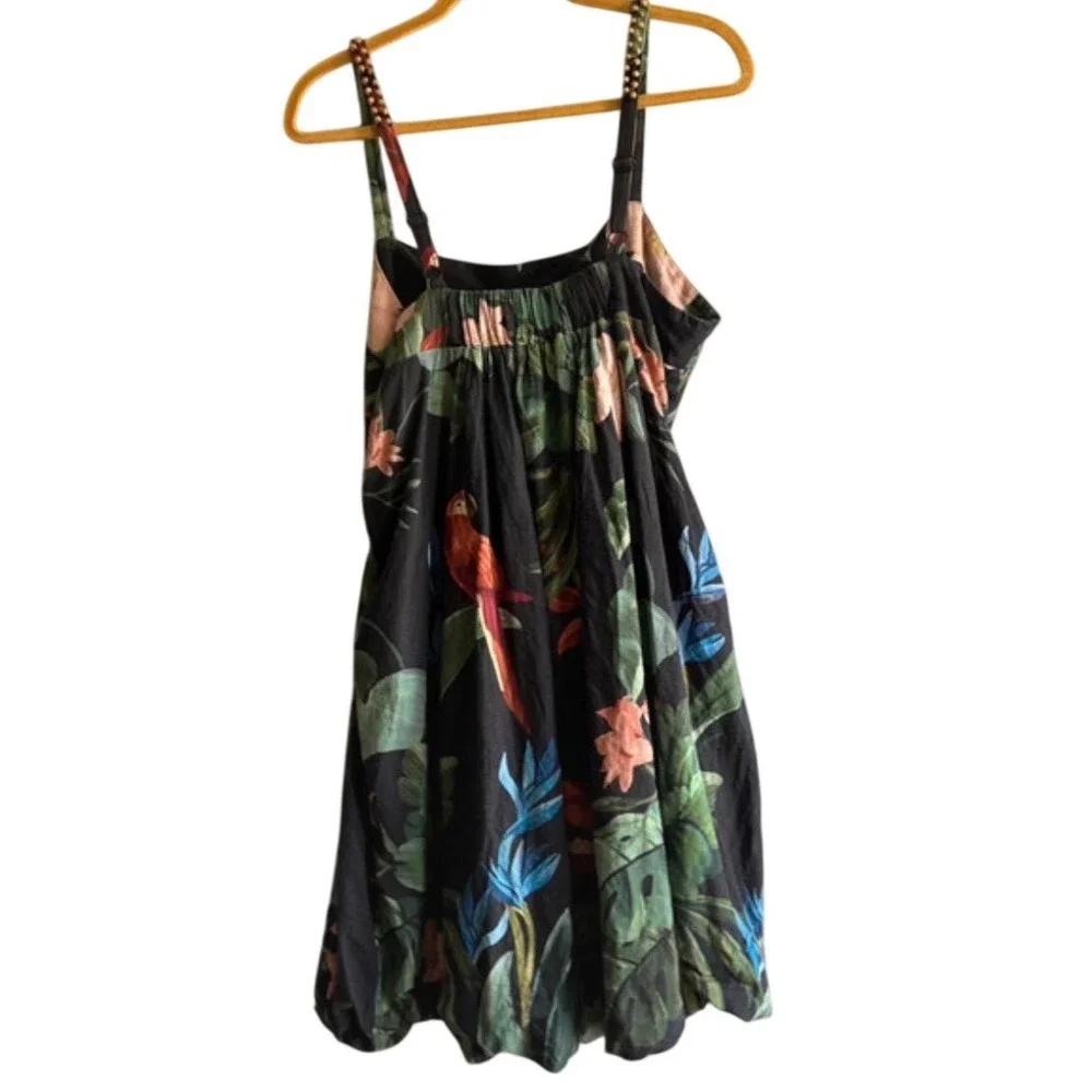 Farm Rio Black Tropical Toucan Mini Dress XL Beaded Straps Linen Blend SN 331864